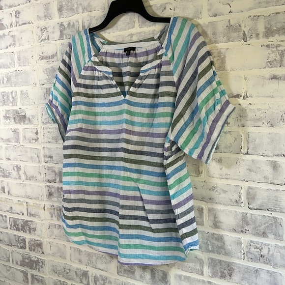 Talbots Women Linen Shirt S/S Top White Blue Stripes Coastal Stripe Petite Large - Picture 2 of 7